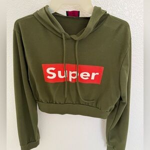 Olive Green “Super” Cropped Hoodie – Size M